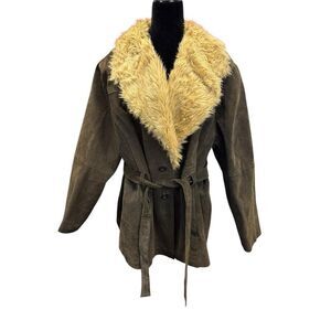 Marcelle Renee Olive Green Leather Coat Faux Shearling Trim Belted 3XL